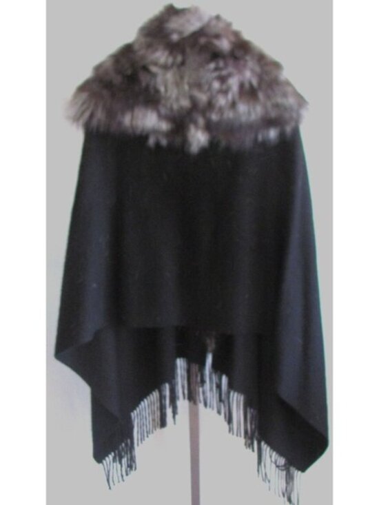 DESIGNER ANAABELL NEW YORK BLACK WOOL BLEND SILVER GREY FOX COLLAR FRINGE CAPE - Picture 7 of 9